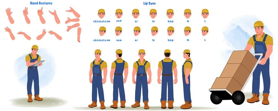 Handyman, builder Character Creation and Animation Pack, Man Wearing Overalls w Stock Illustration