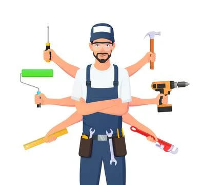 Handyman Character Holding Multiple tools, Multiple skillset, Plumber, Carpenter Stock Illustration
