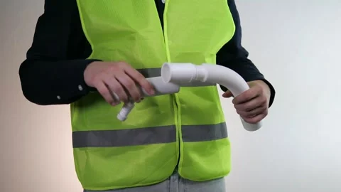 A handyman checks a building material pipe, connects and disconnects its parts Video stock 314033915