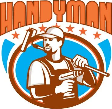 Handyman Cordless Drill Paint Roller Oval Retro Stock Illustration