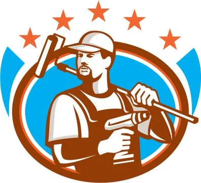 Handyman Cordless Drill Paintroller Oval Stars Retro Stock Illustration