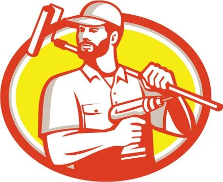 Handyman Cordless Drill Paintroller Oval Retro Stock Illustration