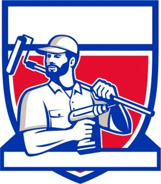 Handyman Cordless Drill Paintroller Shield Retro Stock Illustration