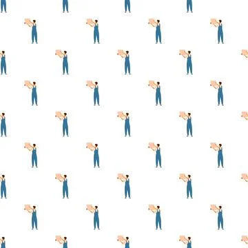 Handyman installing wallpaper seamless pattern repeating background Stock Illustration