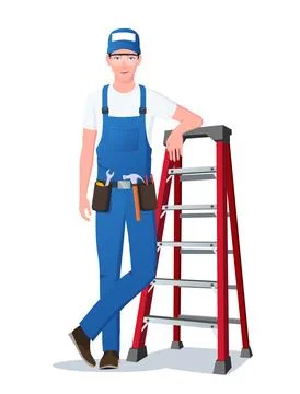Handyman, Maintenance Engineer Character Standing Next to a Ladder with Tools Stock Illustration