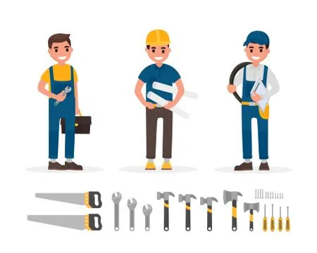 Handyman, plumber, foreman, engineer and builder elements collection with Illustrazione stock