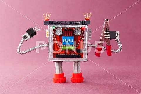 Handyman ready for work. Serviceman robot character with red pliers. Violet Stock Photos