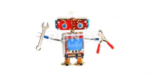 Handyman robot chat bot with hand wrench, pliers on white background. Smiley red Stock Photos