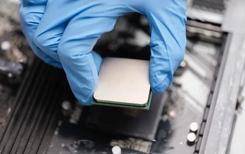 Handyman in rubber gloves installing computer processor closeup 스톡 사진