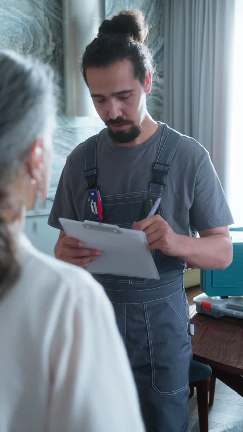 Handyman Taking Notes on Clipboard while Client Explaining Problems 스톡 동영상 337007818
