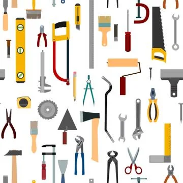 Handyman tools. Seamless. Vector illustration background. Hammer, ax, clamp, Stock Illustration