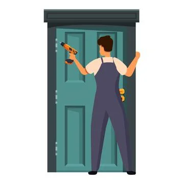 Handyman using cordless drill installing door lock Illustrazione stock
