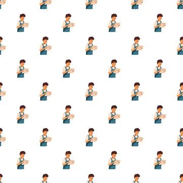 Handyman wearing apron reading document seamless pattern Stock Illustration