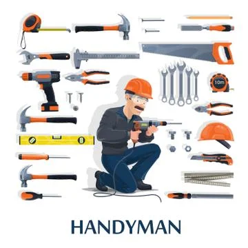 Handyman with work tools, construction industry Stock Illustration