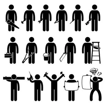 Handyman Worker using DIY work tools Stick Figure Pictogram Icons Stock Illustration