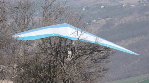 Hang gliding stuck in trees take off accident extreme sports aerial view Stock Footage 153551511
