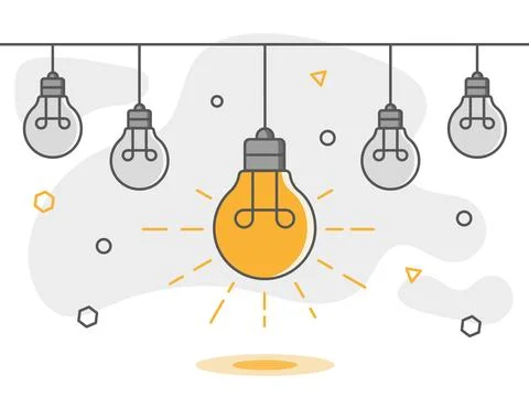 Hang light bulbs, successful idea concept, insight. Creative lightbulb bright Stock Illustration