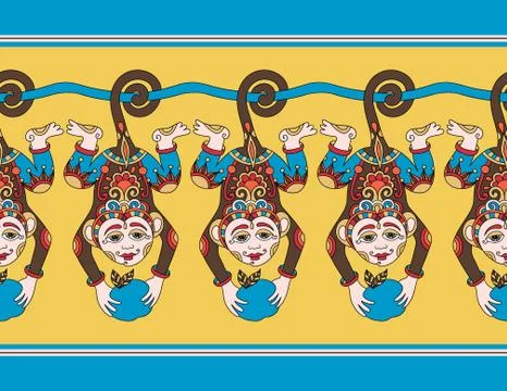 Hang monkey seamless ribbon pattern  with a tropical fruit in ha Stockillustratie