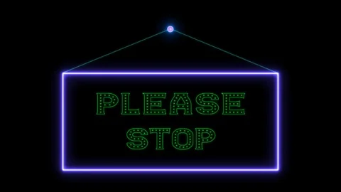 Hang tag Please stop neon sign fluorescent light glowing on signboard Stock Footage 122149186