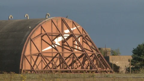 Hangar at abandoned USAF base Stock Footage 98086993