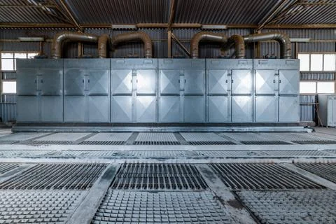 Hangar for unloading wheat. Powerful dust extraction system. Stock Photos