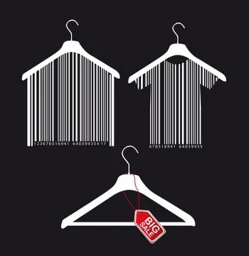 Hanger with bar code and big sale tab over black background. vector Stock-Illustration