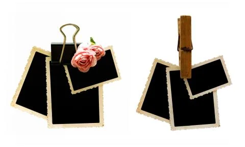 Hanging aged photo frames isolated on white background Foto stock