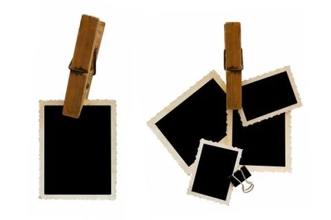 Hanging aged photo frames isolated on white background Foto stock