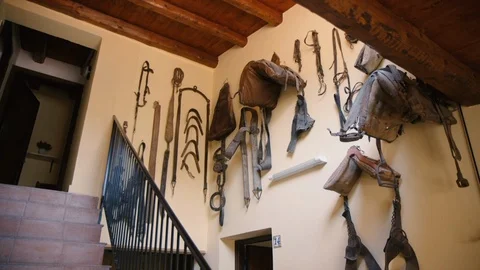 Hanging ancient agricultural objects Stock Footage 86749351