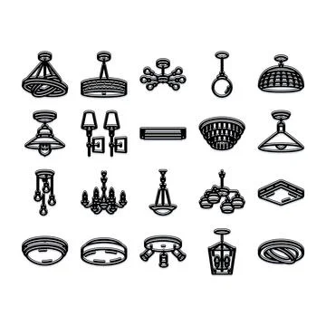 Hanging and ceiling lamps light fixtures icons collection Stock Illustration