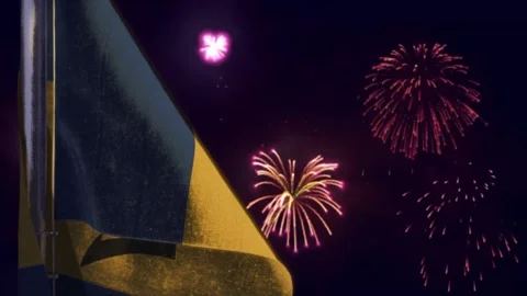 Hanging Barbados flag on firework sky bokeh background Stock Footage 307940178