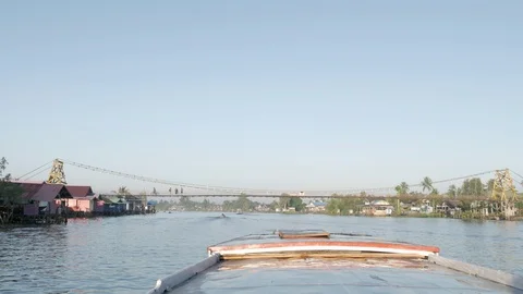 Hanging Bridge of Lok Baintan Floating Market, Motor Boat View Stock Footage 120459871