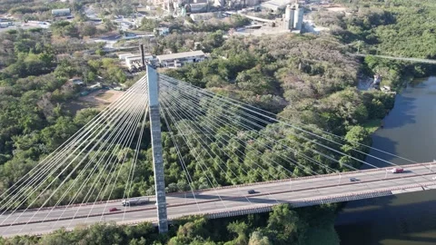 Hanging Bridge over a River: A Stunning Aerial View Stock Footage 236530461