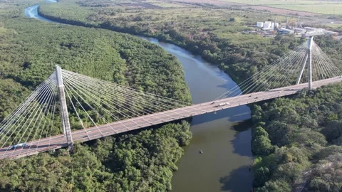 Hanging Bridge over a River: A Stunning Aerial View Stock Footage 236531313