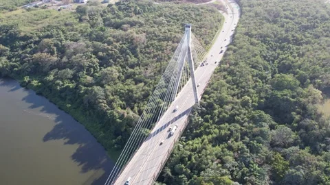 Hanging Bridge over a River: A Stunning Aerial View Stock Footage 236531336