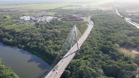 Hanging Bridge over a River: A Stunning Aerial View Stock Footage 236531783