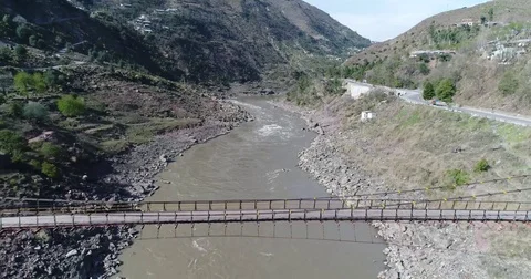 Hanging Bridge on River Stock Footage 77246483