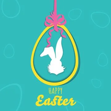 Hanging Bunny Egg on Light Blue Background for Happy Easter Concept. Stock Illustration