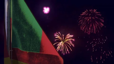 Hanging Cameroon flag on firework sky bokeh backdrop Stock Footage 244475930