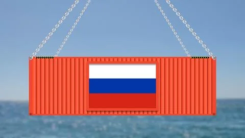 Hanging cargo container with russian flag isolated on blur sea background. co Stock Illustration