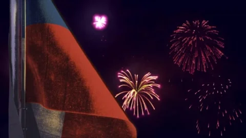 Hanging Chile flag on firework sky bokeh bg Stock Footage 290302986