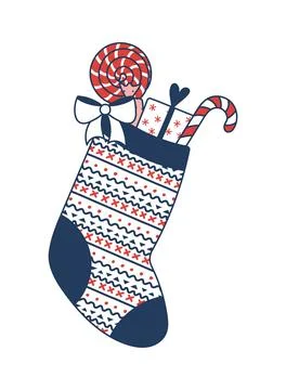 Hanging Christmas stocking with presents isolated Stock Illustration