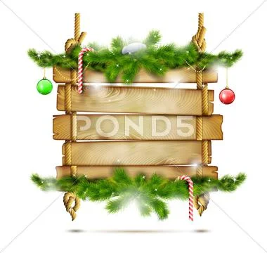 Hanging Christmas Wooden Billboard. Stock Illustration