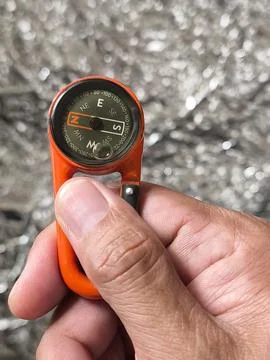 A hanging compass held in the right hand Stock Photos