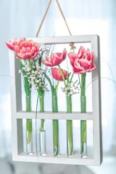 Hanging composition with tulips in test tubes, flower flasks Foto stock
