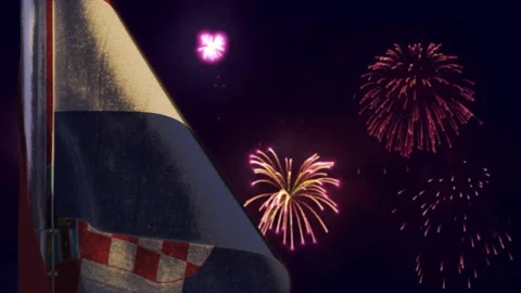 Hanging Croatia flag on firework sky bokeh bg Stock Footage 256887492