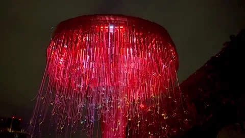 Hanging crystal chandelier with interactive RGB LED lights. Nightshot Vídeos de archivo 287601331