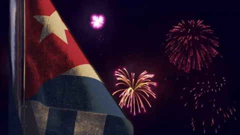 Hanging Cuba flag on firework sky bokeh background Stock Footage 205075406