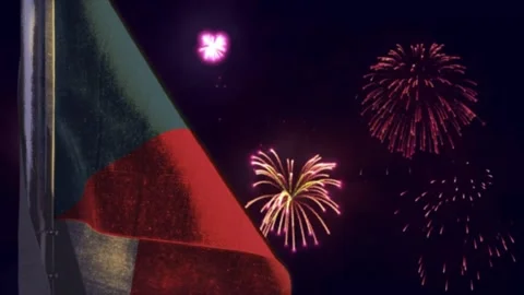 Hanging Czechia flag on firework sky bokeh bg Video stock 304650571