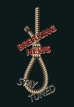 Hanging down jute rope loop with text Breaking news, Stay Tuned. Illustrazione stock